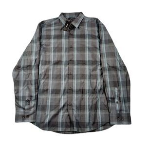 Alfani Plaid Dobby Shirt Mens XL Deep‎ Black Lomia Yarn-Dyed Button-Down $60